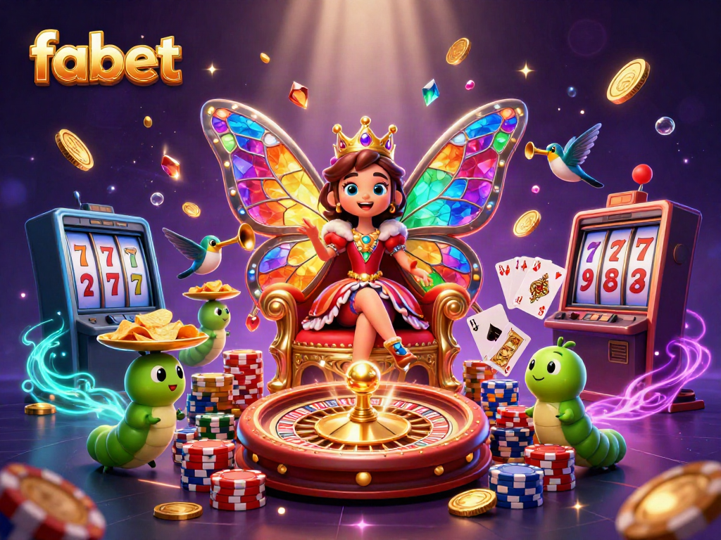 Fabet features a colorful butterfly queen with casino elements in a dynamic, vibrant scene.