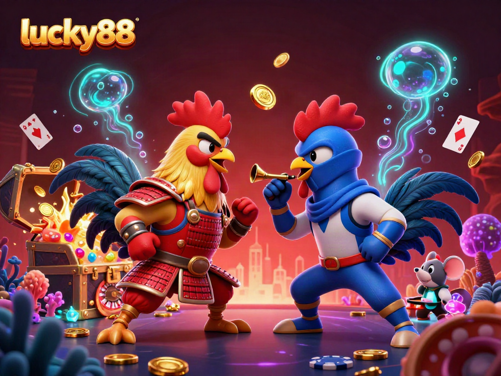 Engaging scene of twin fighting roosters in samurai and ninja styles amidst dynamic casino elements, capturing the spirit of lucky88.