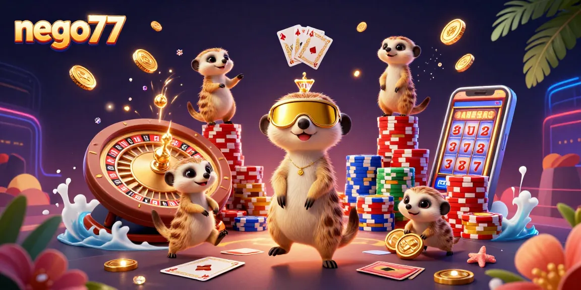 Engage in exciting gameplay at nego77 with lively meerkats managing a bustling casino scene.