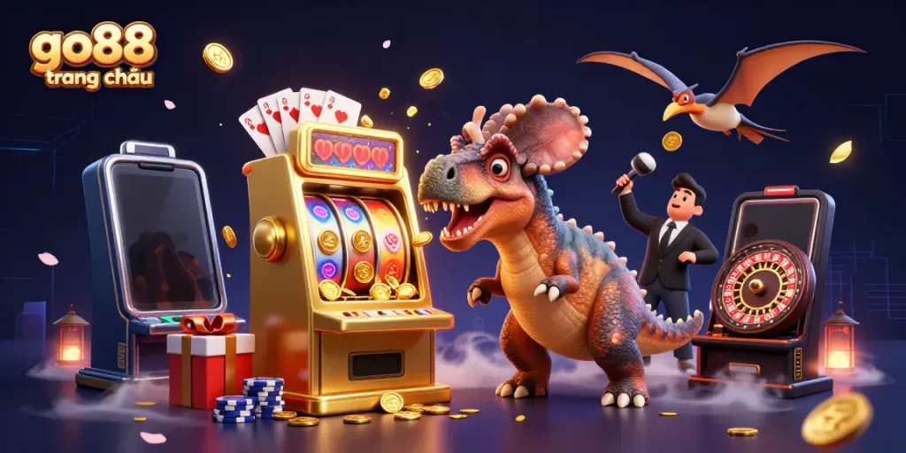 Experience thrilling action at go88 trang chủ, with dynamic casino scenes showcasing playful prehistoric characters.