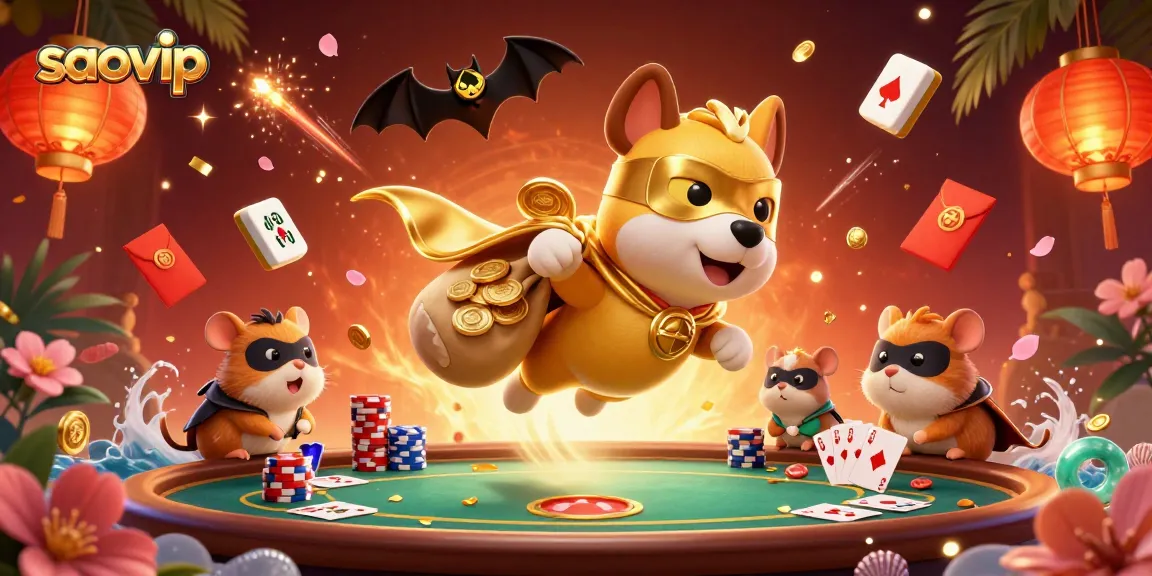 Experience the thrill of winning at saovip with a vibrant 3D illustration of a superhero dog collecting gold coins.