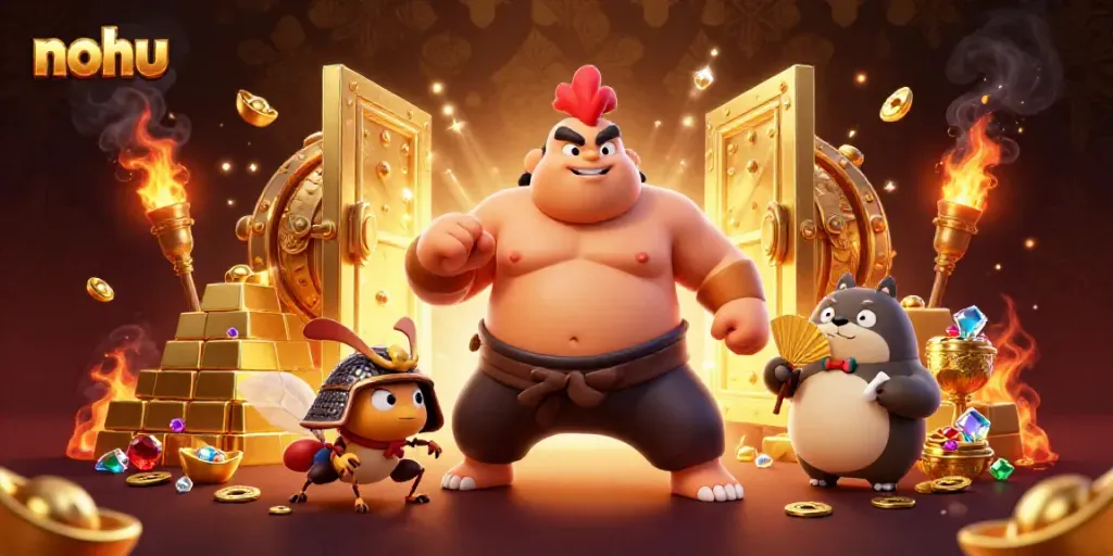 Nohu-themed cartoon casino scene featuring lively characters and golden treasure elements for immersive gaming.