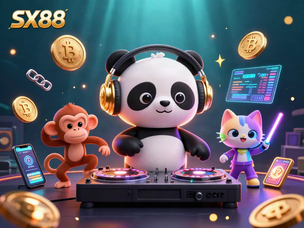 Engage with SX88 at a vibrant casino scene featuring DJ panda and animated characters.
