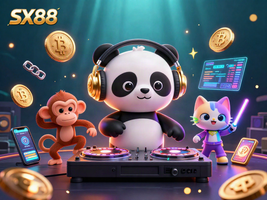 Engage with SX88 at a vibrant casino scene featuring DJ panda and animated characters.