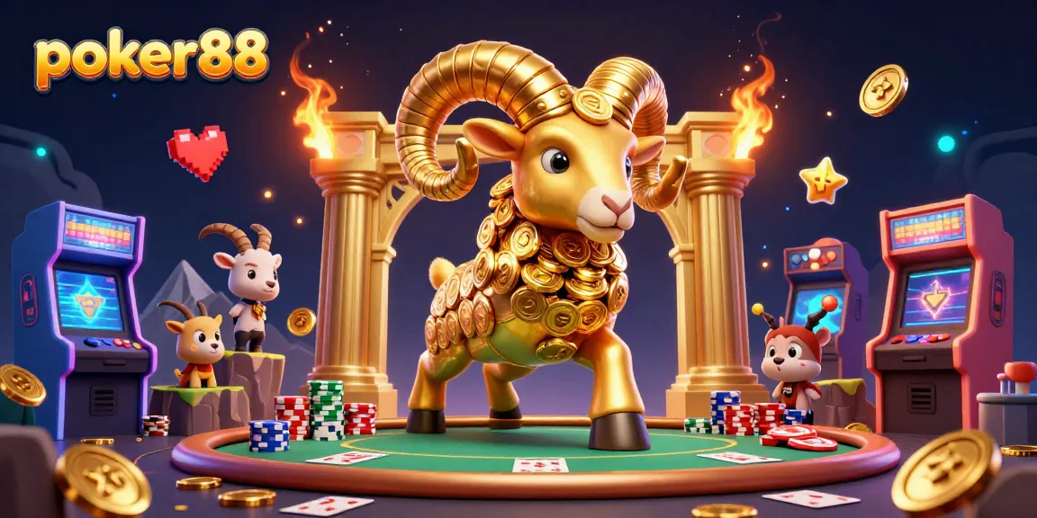 Engage in thrilling poker88 action with a dynamic 3D illustration showcasing a golden ram charging at a poker table.