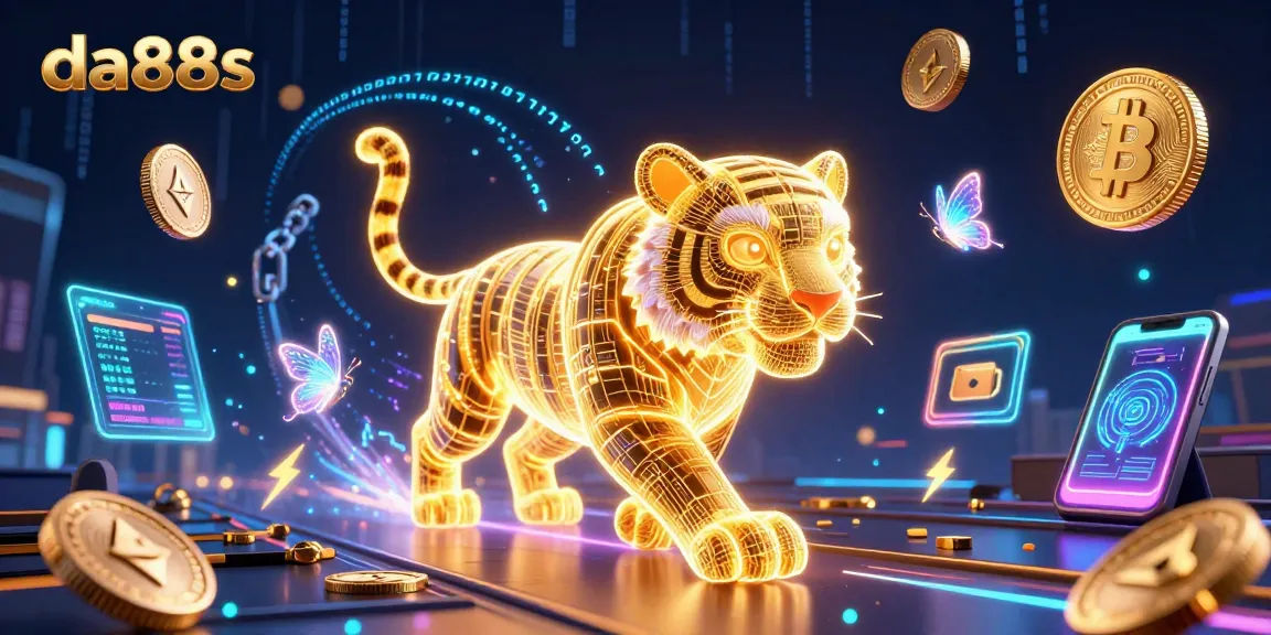 Engage with da88s in a vibrant digital casino scene featuring a glowing golden tiger and crypto coins.