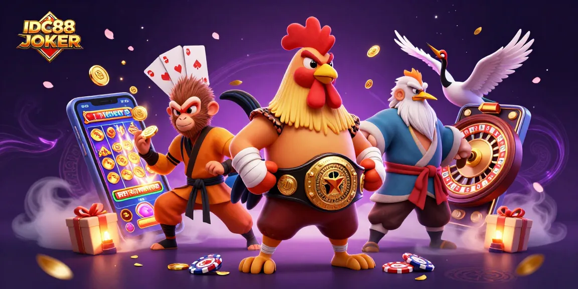 Engage with IDC88JOKER's vibrant gaming scene featuring dynamic characters and casino elements.