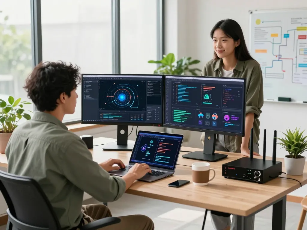 快连 software developer analyzing network performance in a modern tech workspace