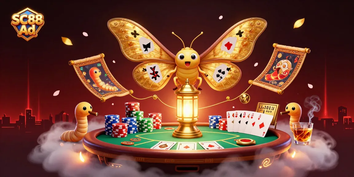Engage with SC88 Ad showcasing a vibrant 3D scene of casino elements and a majestic moth.