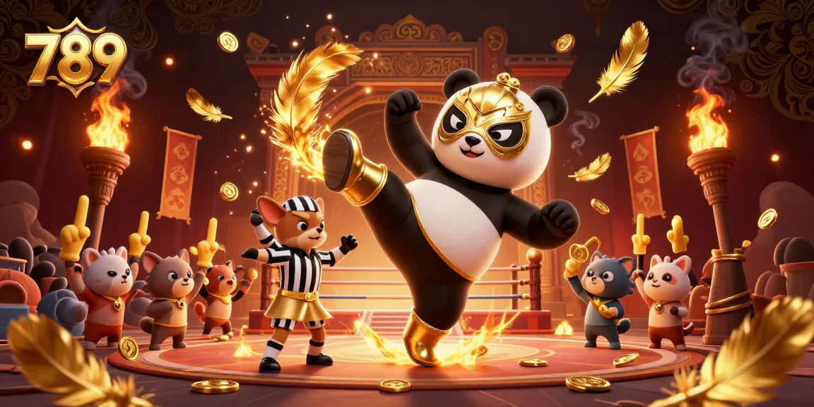 Engaging 789-themed casino illustration showcasing a wrestler panda and animal spectators in a vibrant betting scene.