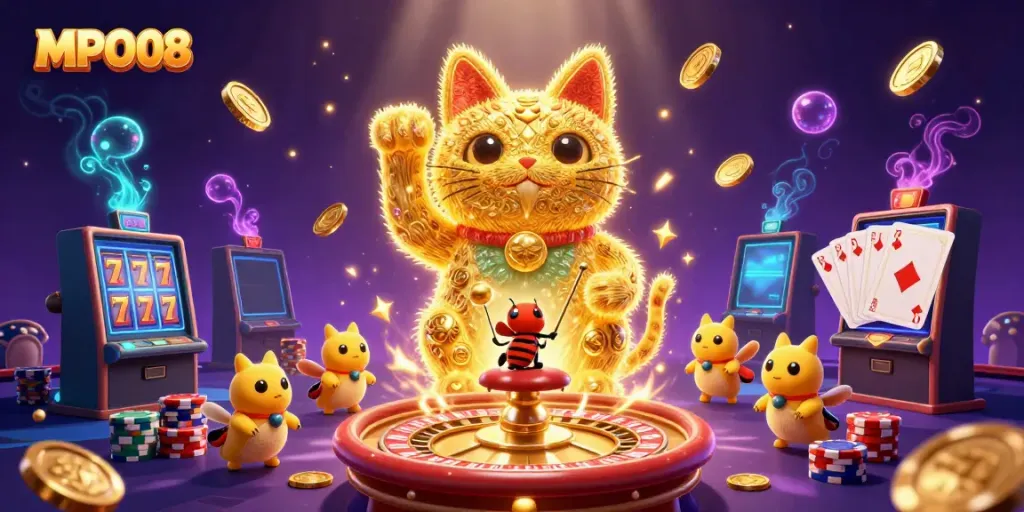 Experience the excitement of MPO08 with vibrant casino symbols and golden fireflies in a lively 3D scene.