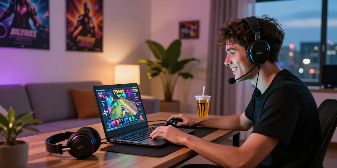 Engaged player immersed in gaming at https://five88bet.org/ with vibrant laptop graphics in a cozy living room setting.