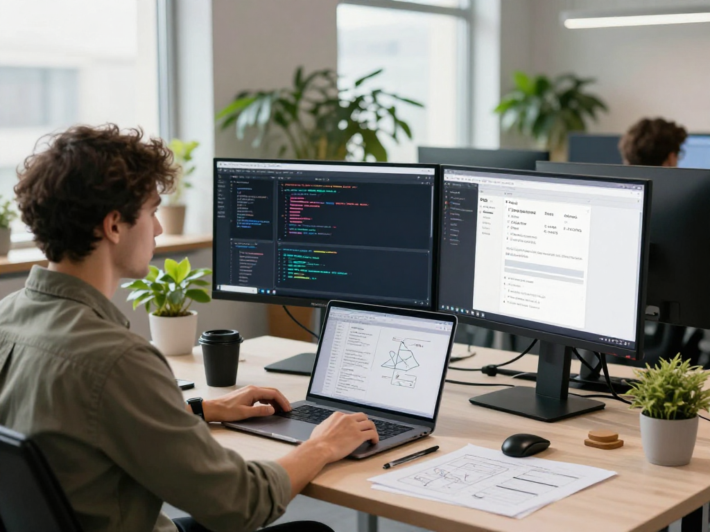 Developer engaging with acrossprotocol dashboard in modern tech workspace, highlighting blockchain innovation.