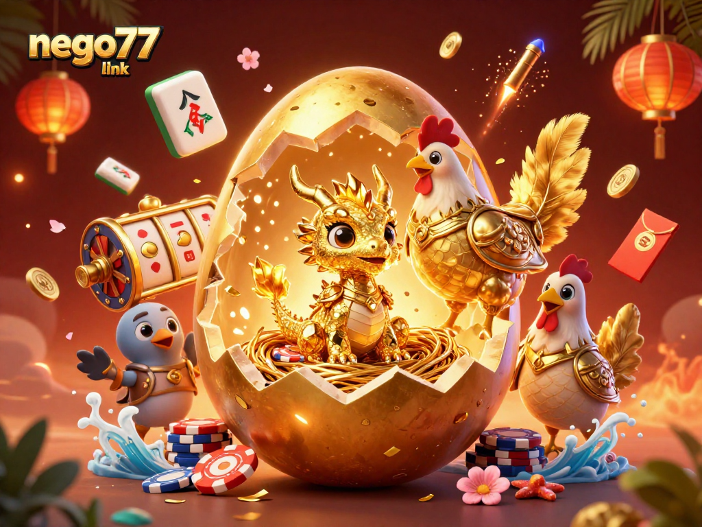 Engage with the exciting nego77 link featuring a gold dragon amidst slot reels and festive decorations.