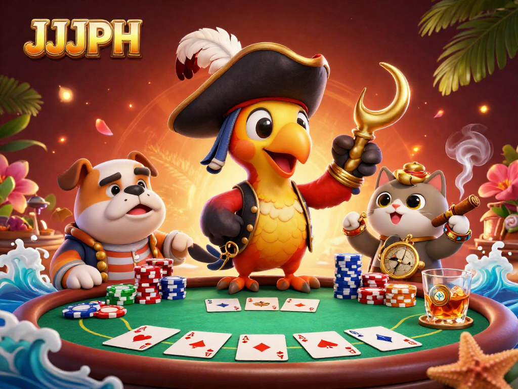 Experience thrilling poker action with JJJPH in this vibrant 3D casino scene.