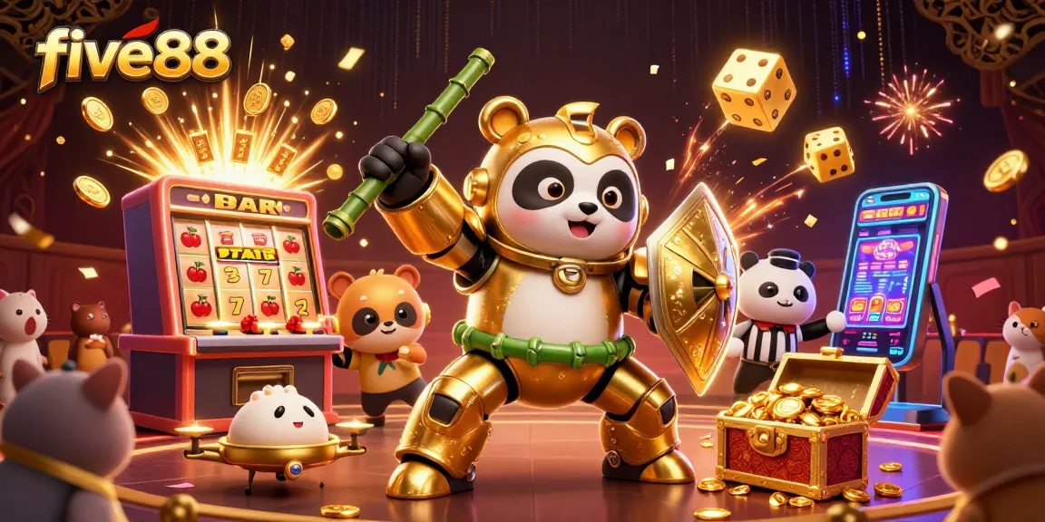 Spin the reels at five88 with a golden panda in a mech-suit amidst slot machine magic.