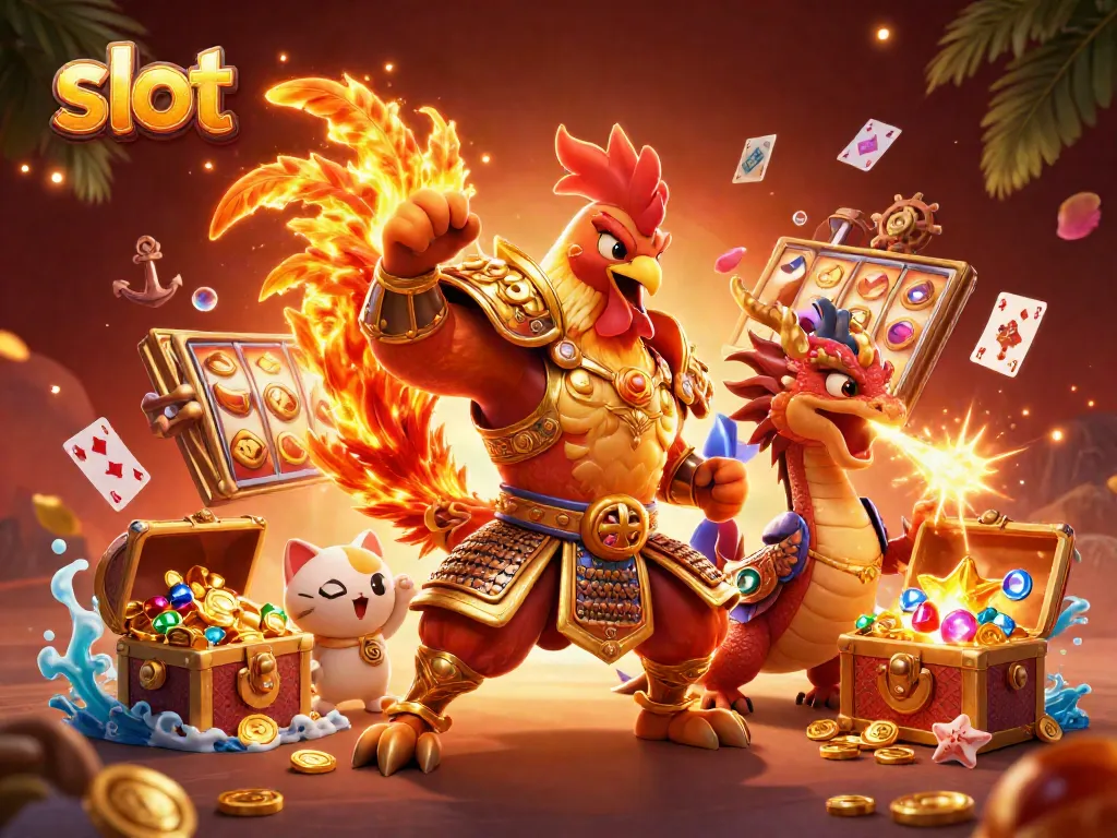 Experience thrilling slot excitement with a dynamic 3D scene of warriors, treasure, and casino elements.